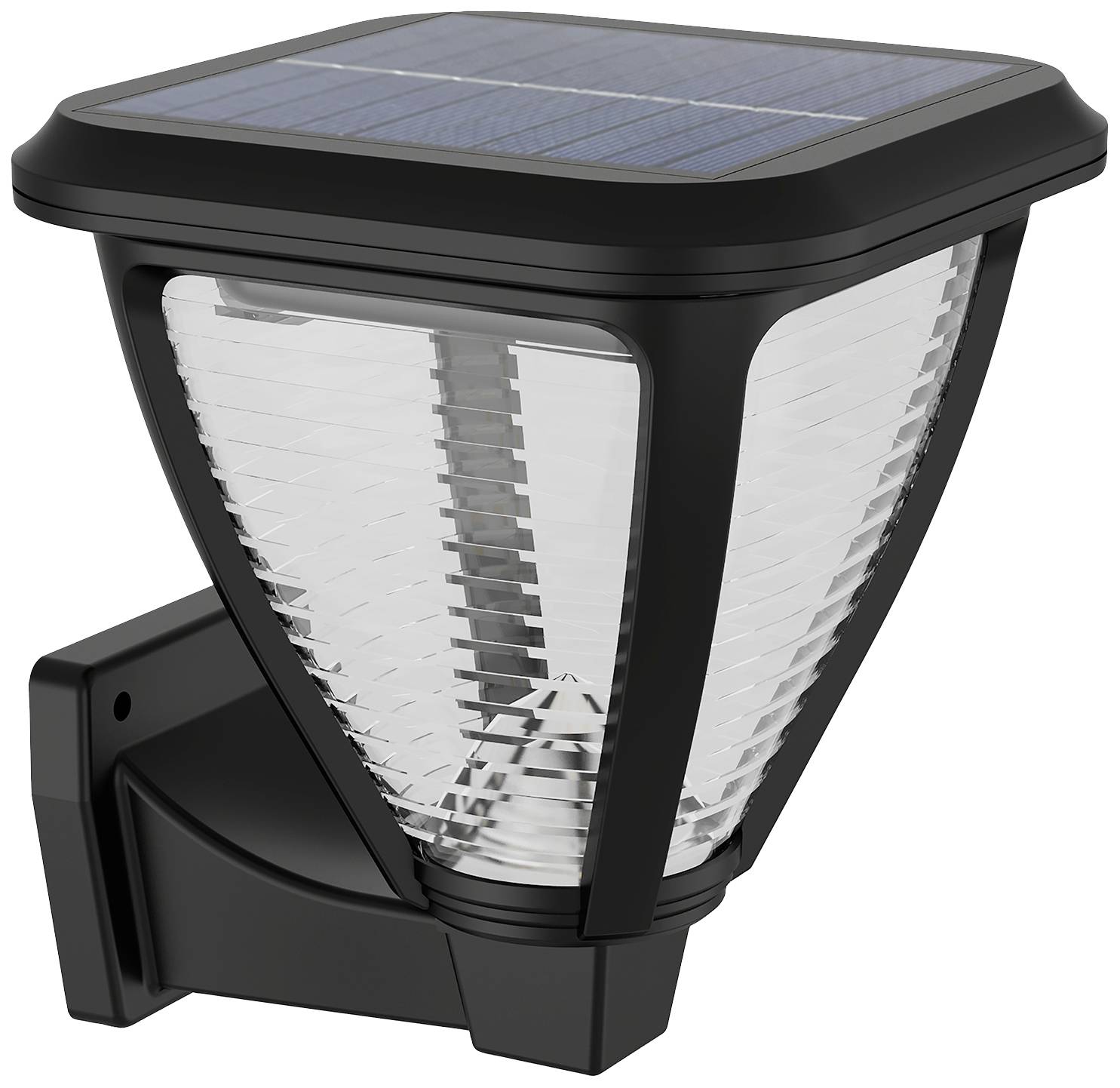 Luminaire extérieur noir alimenté par énergie solaire, avec verre transparent et support mural. Idéal pour un éclairage extérieur écologique.