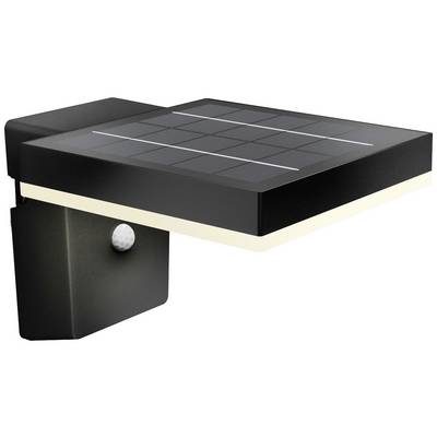 Luminaire solaire noir et gris avec panneau solaire rectangulaire et détecteur de mouvement intégré, adapté à une installation murale extérieure.