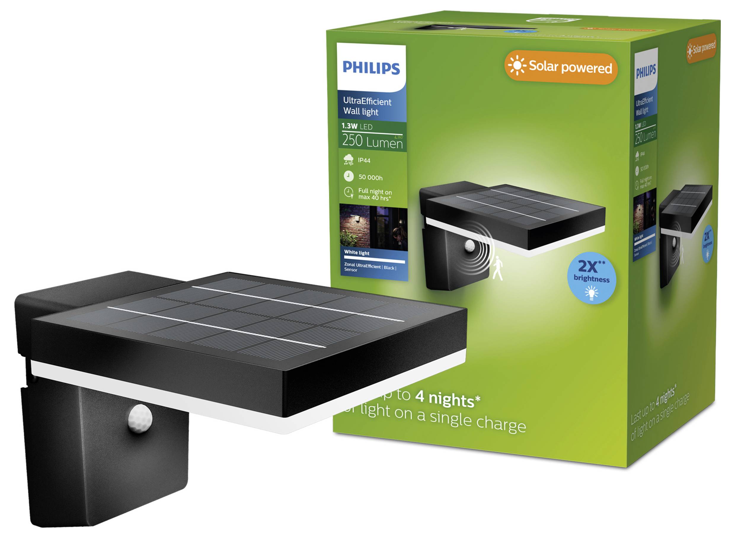 Lampe murale Philips UltraEfficace alimentée par l'énergie solaire avec panneau rectangulaire noir et capteur de mouvement, présentée à côté de sa boîte de produit verte.