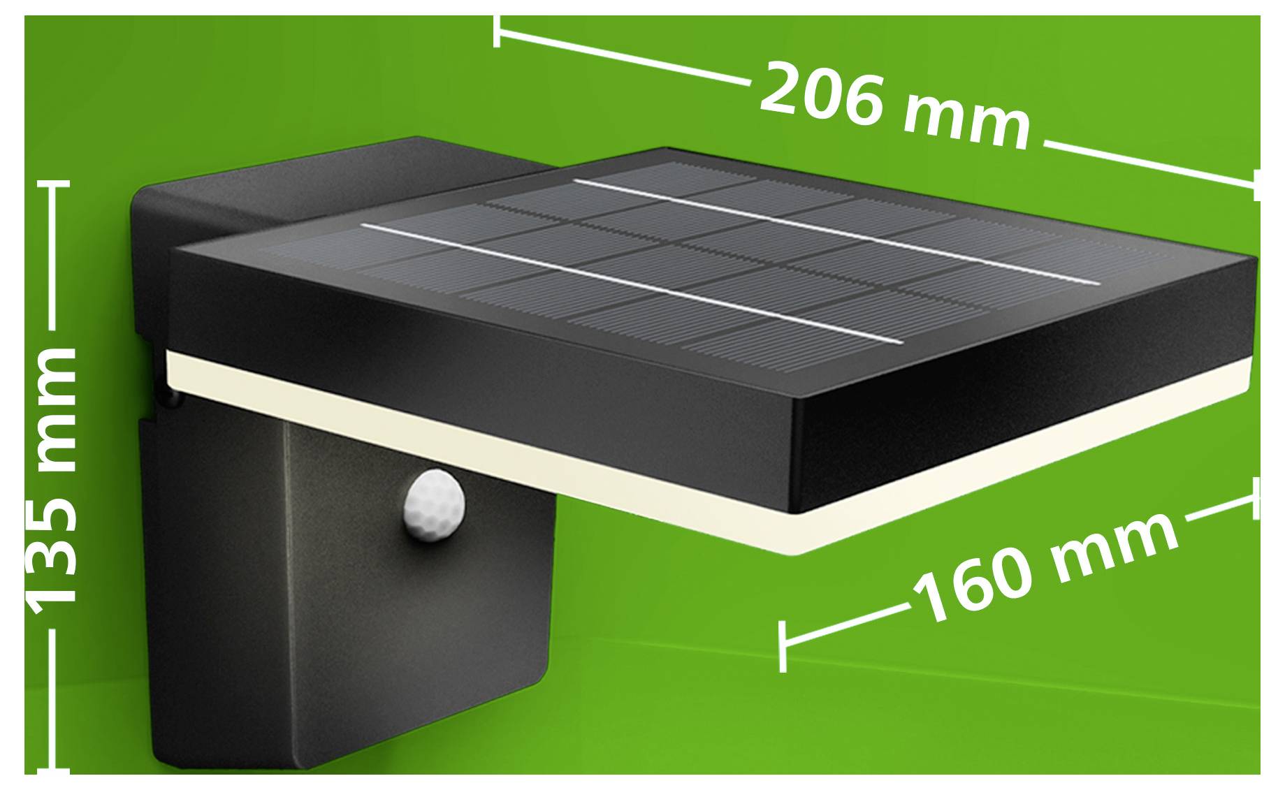 Lumière murale alimentée par énergie solaire de couleur noire avec capteur de mouvement, présentée avec les dimensions 206 mm de large, 160 mm de profondeur et 135 mm de hauteur.