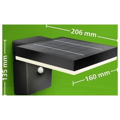 Lumière murale alimentée par énergie solaire de couleur noire avec capteur de mouvement, présentée avec les dimensions 206 mm de large, 160 mm de profondeur et 135 mm de hauteur.