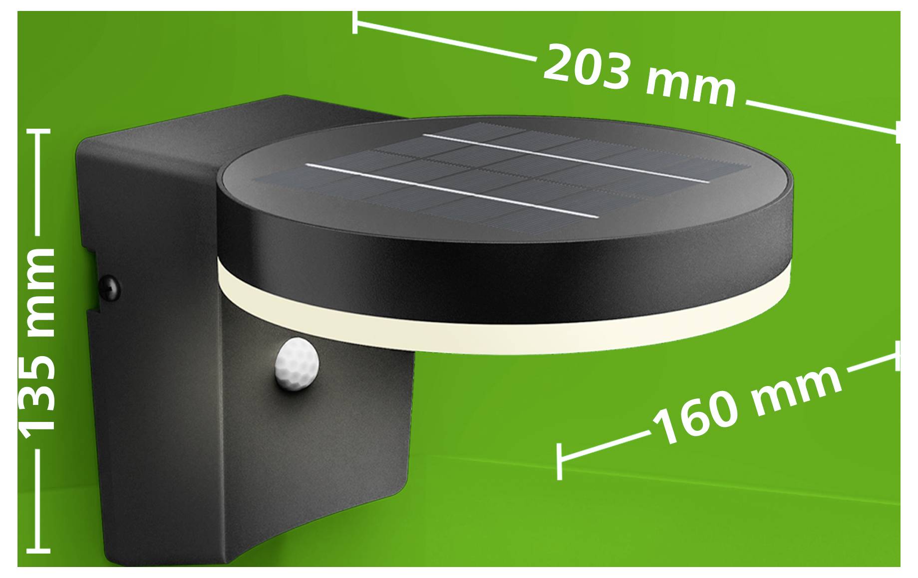 Lampe solaire murale extérieure avec panneau supérieur rond et capteur de mouvement, présentée avec les dimensions : 203 mm de largeur, 160 mm de profondeur, 135 mm de hauteur.