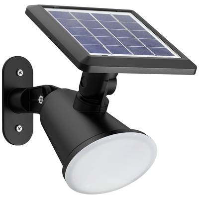 Luminaire extérieur solaire avec un module solaire en haut et un éclairage rond en dessous, fixé sur un mur.