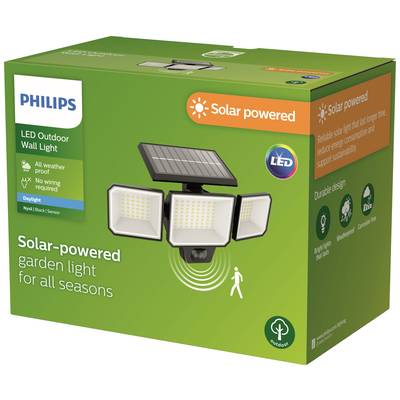 Emballage d'un applique murale extérieure LED solaire de Philips avec trois projecteurs orientables, résistante aux intempéries et économe en énergie.