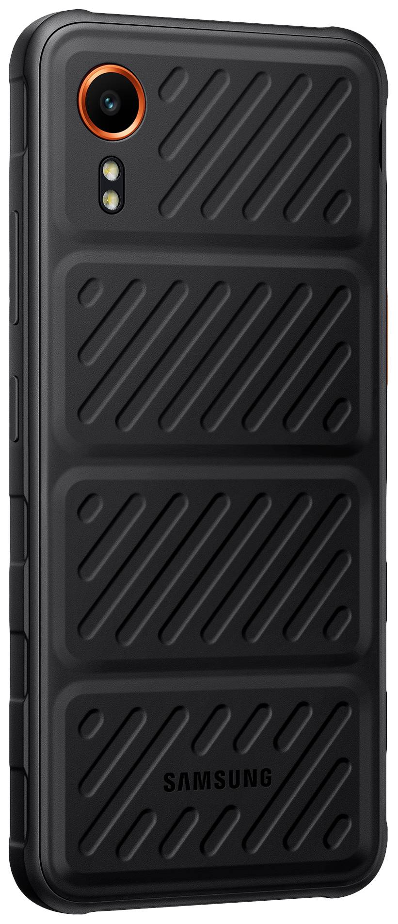 Smartphone Samsung noir avec un boîtier texturé et un accent rouge autour de l'objectif de l'appareil photo, présenté de dos.