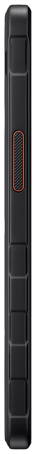 Vue latérale d'un smartphone noir avec un accent orange sur le côté. Robuste et anguleux, adapté à une utilisation en extérieur.