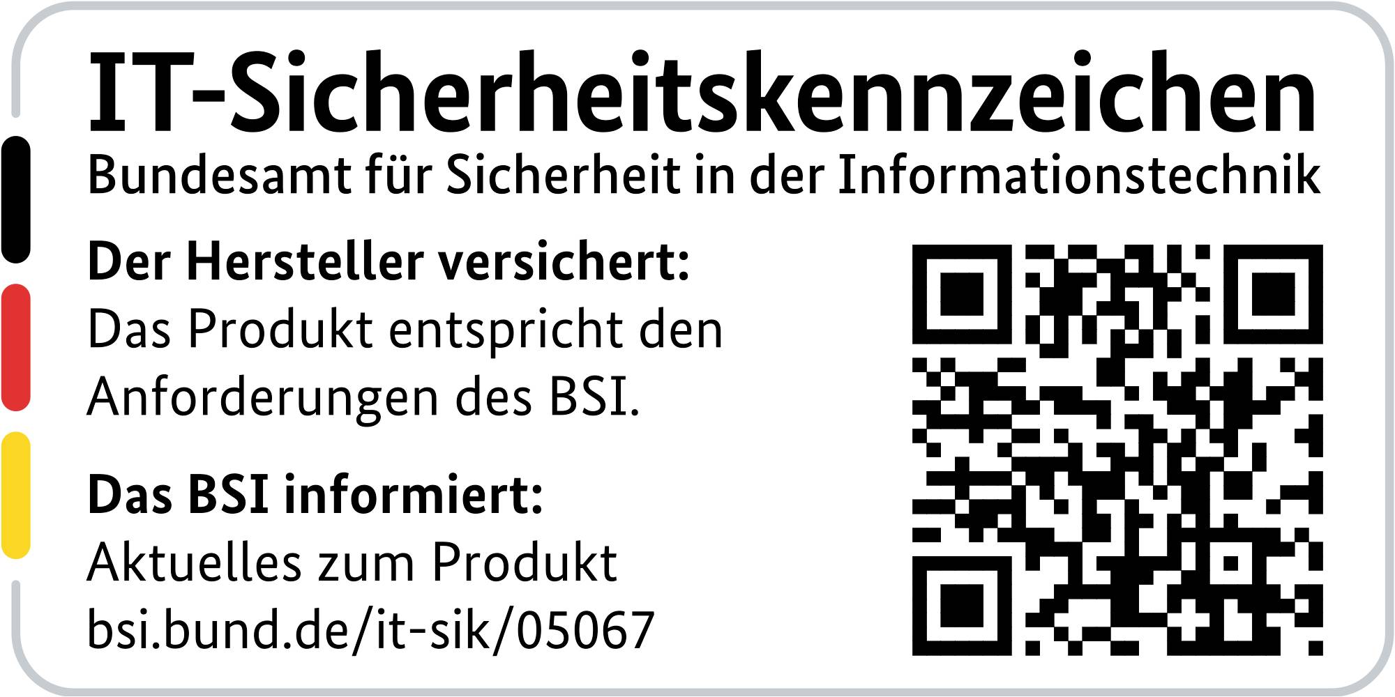 Marquage de sécurité informatique » du BSI pour les produits, code QR pour les informations. Le fabricant certifie la conformité aux exigences du BSI.