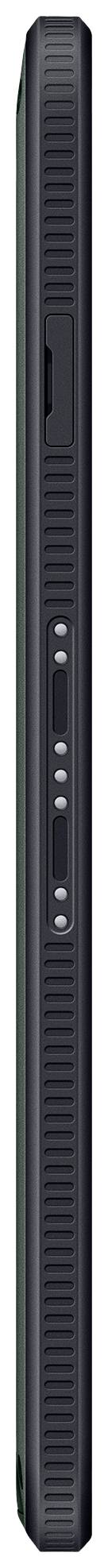 Vue latérale étroite d'un smartphone noir avec des boutons de volume et un bouton marche/arrêt visibles.