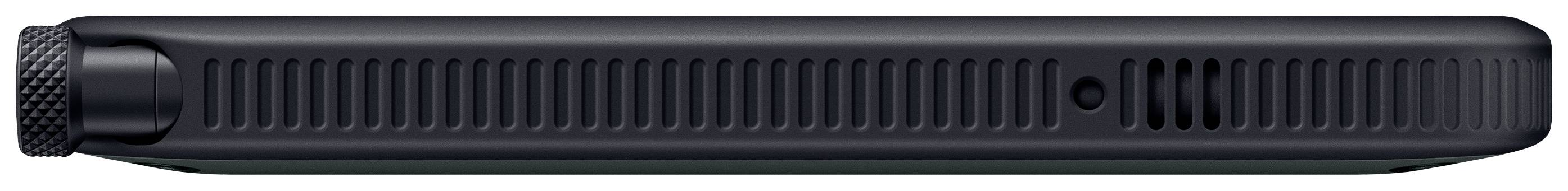 Vue latérale d'un dispositif technique noir rectangulaire avec des bords striés et un petit bouton rond.