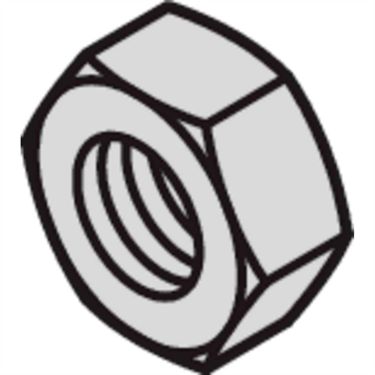 Une écrou hexagonal gris vu de côté. Il possède un trou cylindrique fileté en son centre.