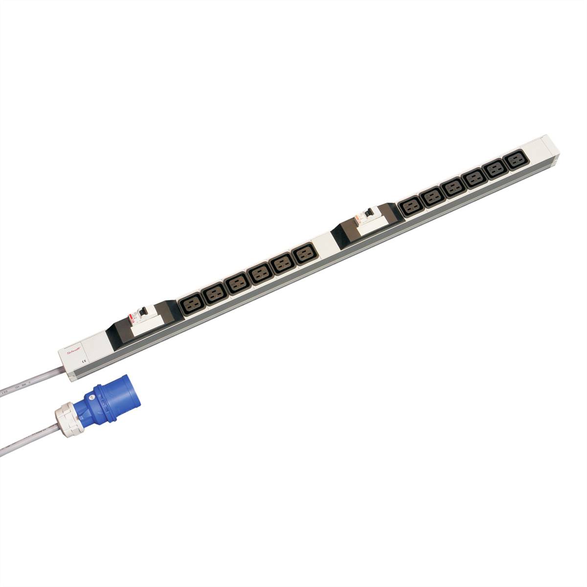 Une multiprise longue avec plusieurs emplacements et une fiche bleue à l'extrémité du câble, adaptée aux applications informatiques ou de bureau.