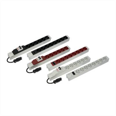 Cinq multiprises de différentes couleurs, chacune dotée de six emplacements et d'un câble, sont disposées en ligne.