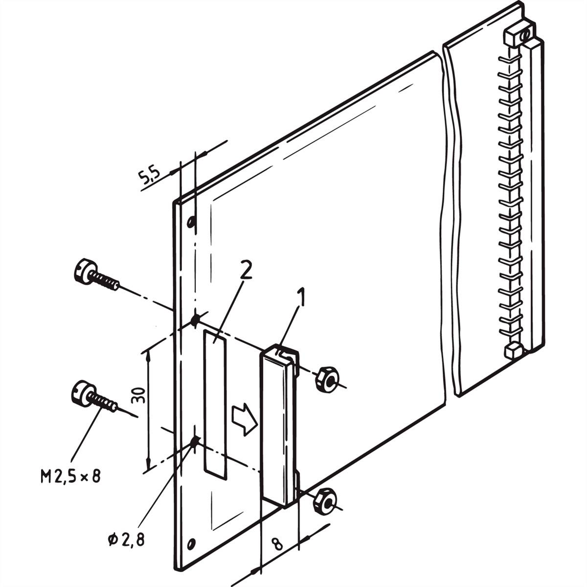 Vue éclatée d'un appareil électronique avec connexions, vis et boîtier. Indications dimensionnelles et flèches de fixation.