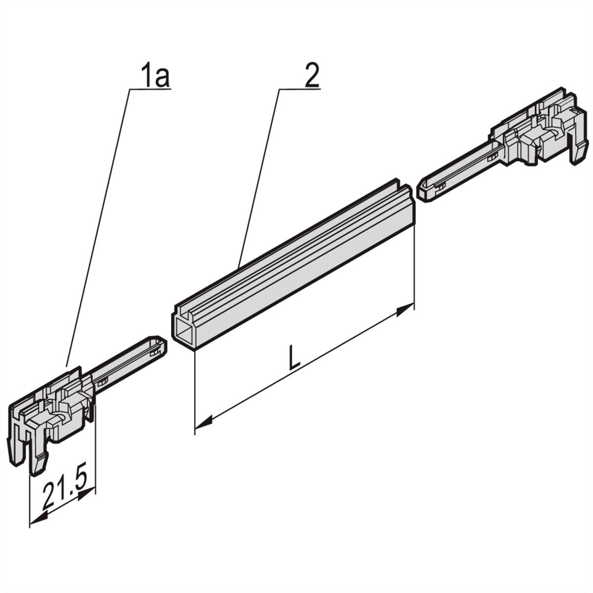 Vue éclatée d'un composant : Un élément central rectangulaire 'L' est placé au centre, flanqué de deux éléments de connexion identiques '1a' et '2'. Les dimensions '21,5' et 'L' sont indiquées.