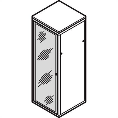 'Esquisse d'un placard rectangulaire avec façade vitrée et deux compartiments. La porte se trouve sur le côté gauche, avec des fentes de ventilation en haut.'