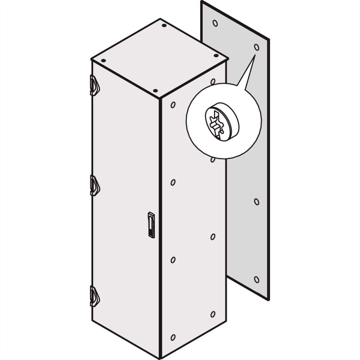 Illustration d'un placard rectangulaire avec la porte ouverte, montrant les vis et leur fixation.