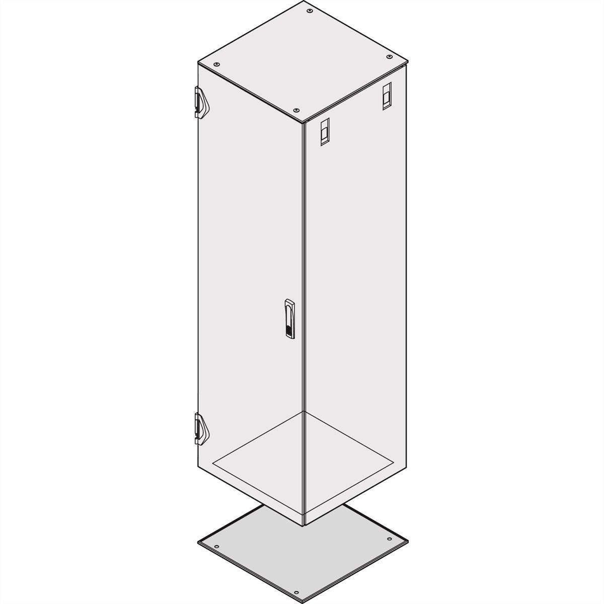 Un placard rectangulaire et haut avec des portes sur trois côtés. Des supports de montage sont visibles en haut et en bas à l'arrière.