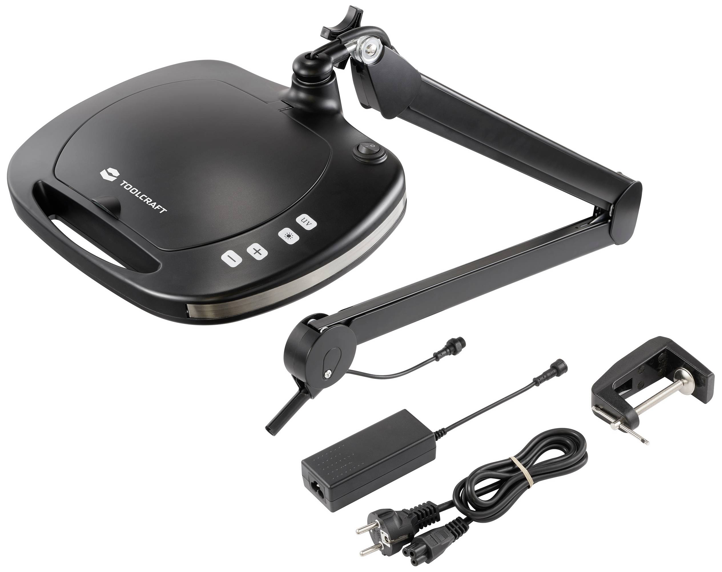 'Lampe loupe LED noire avec bras articulé, adaptateur secteur, pince de fixation et câble d'alimentation. Idéale pour des travaux de précision.'