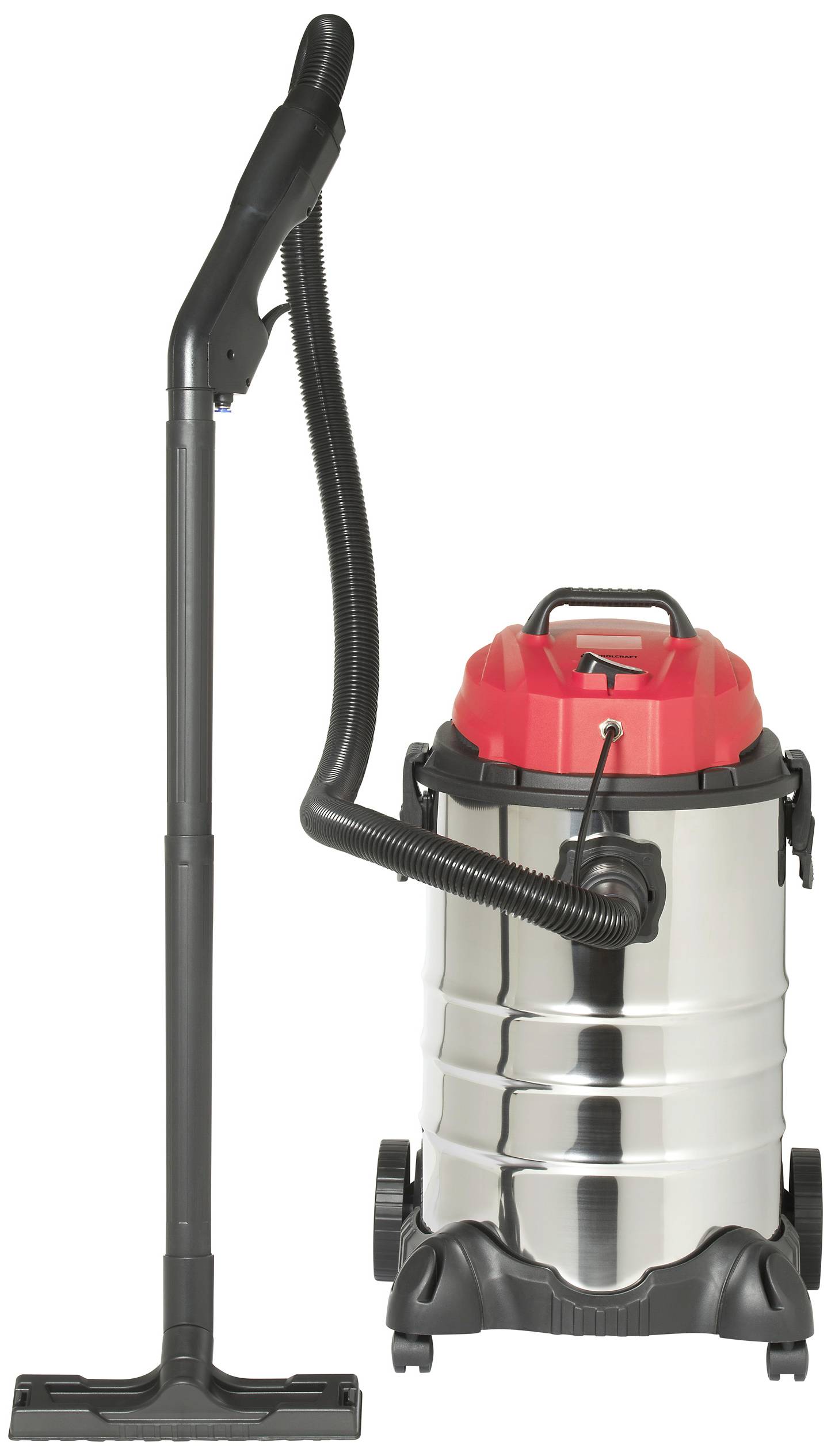 Un aspirateur industriel avec un réservoir métallique robuste et un couvercle rouge. Équipé d'un long tuyau et d'une buse de sol.