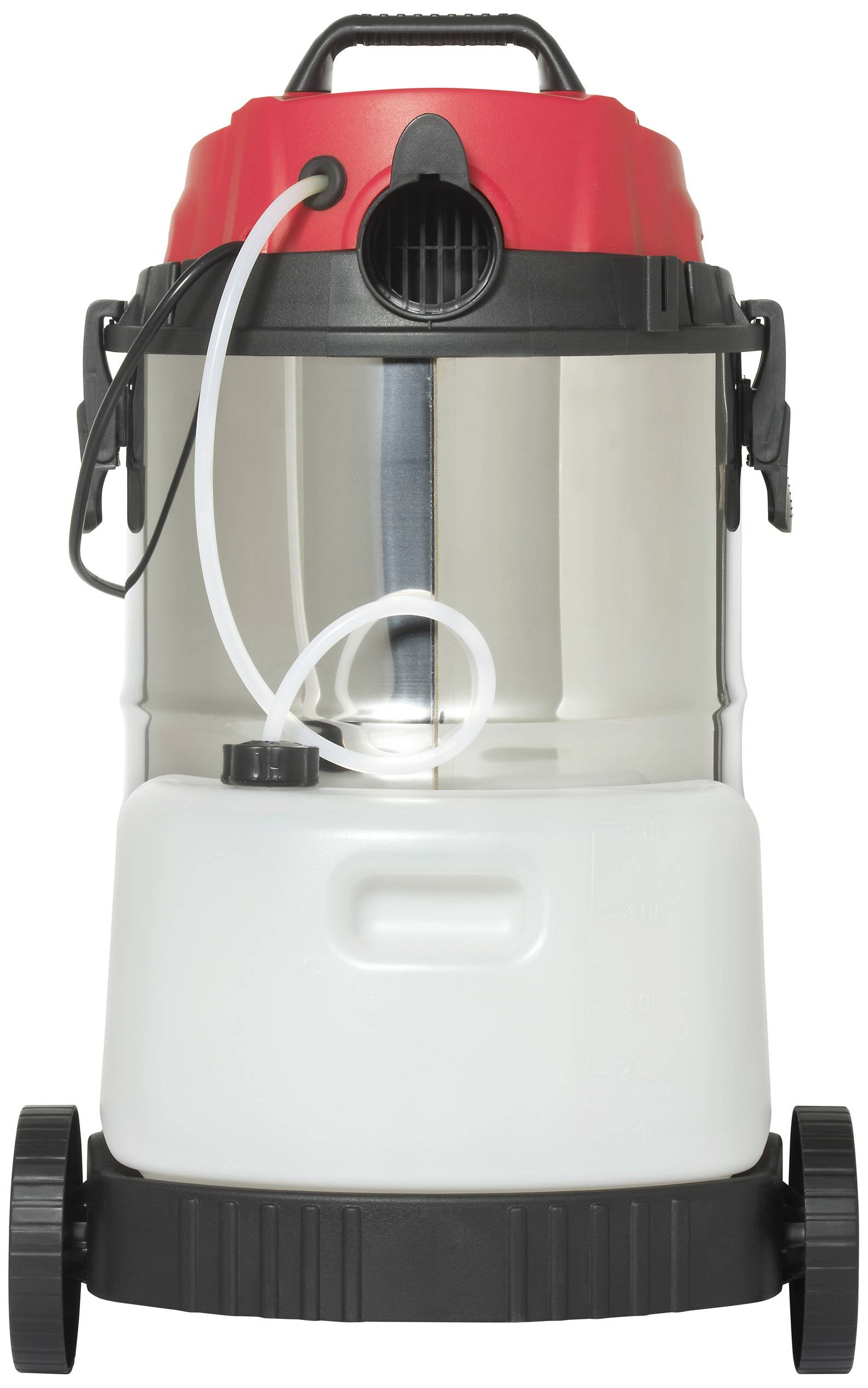 Un aspirateur eau/poussière avec un couvercle rouge, une poignée noire, un réservoir transparent et deux grandes roues, idéal pour une utilisation en atelier.