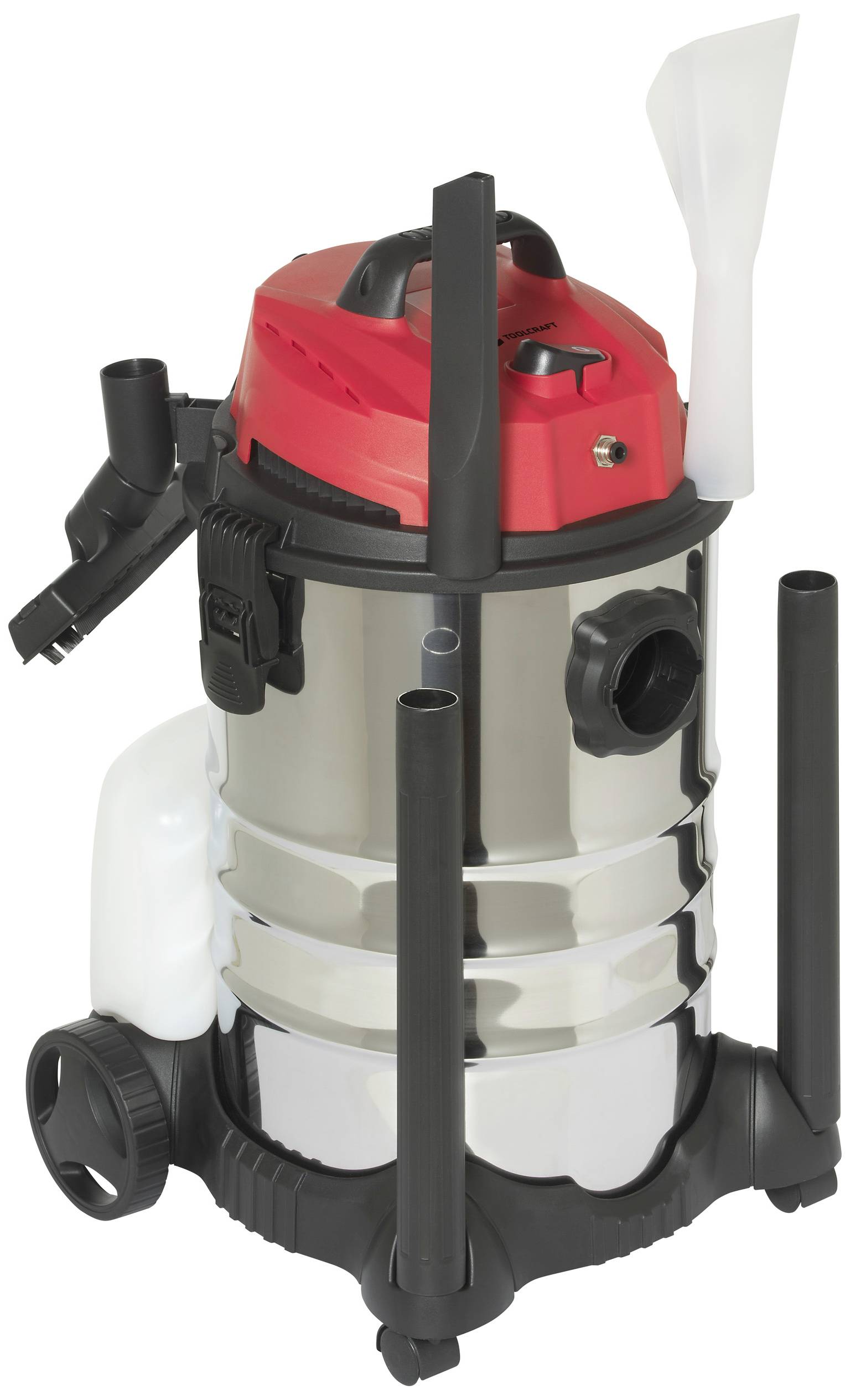 Aspirateur industriel à corps rouge et argenté, grandes roues et différentes buses pour des travaux de nettoyage polyvalents.