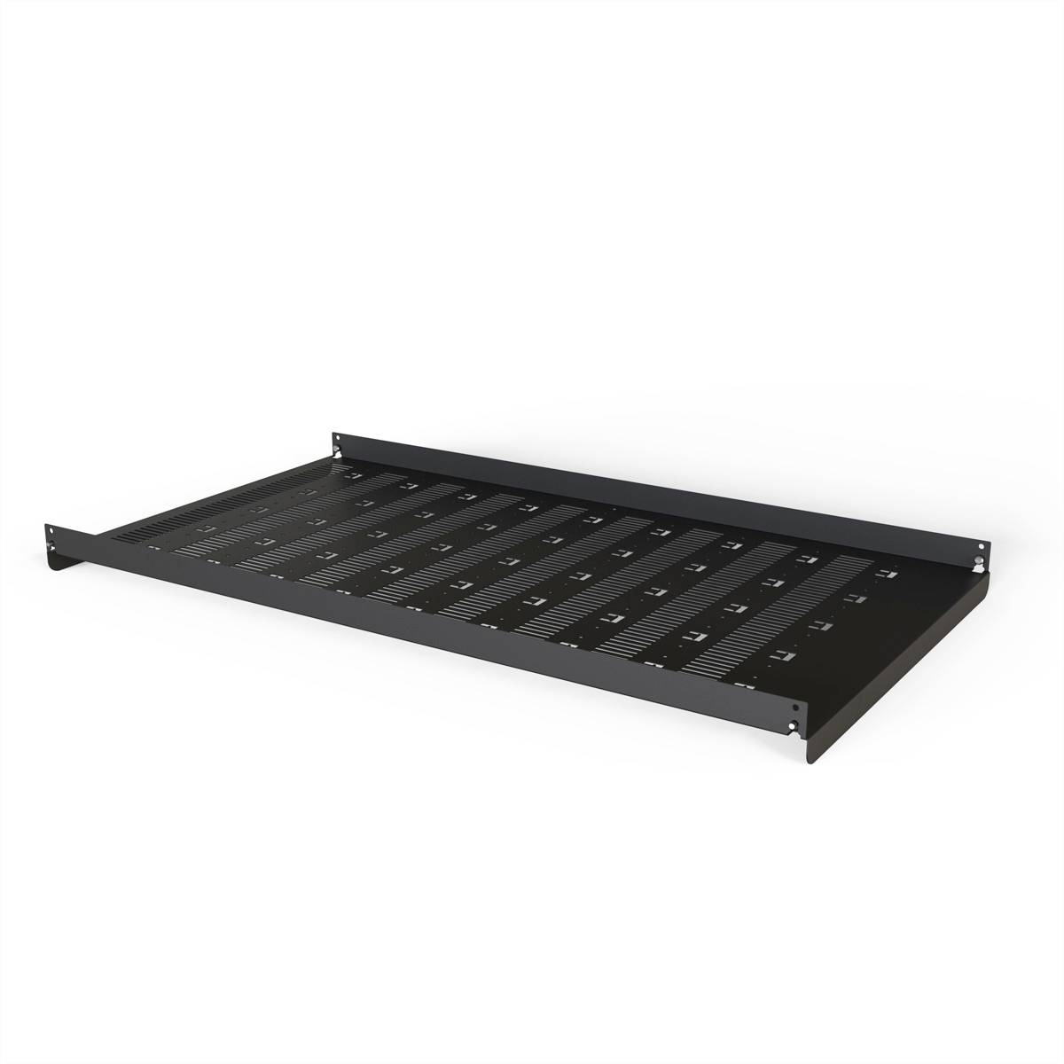 Étagère noire rectangulaire avec des fentes d'aération, orientation horizontale. Compatible avec différents systèmes de rangement.