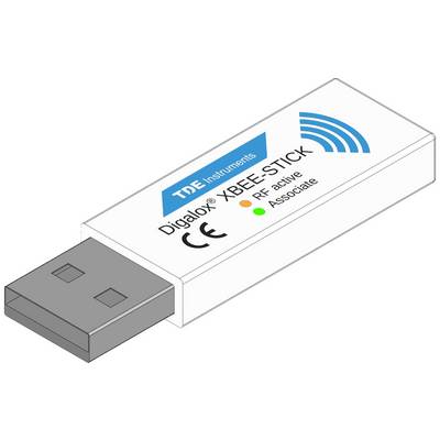 Clé USB blanche portant l'inscription « XBee-Stick ». À côté du texte se trouve une icône de vagues bleues et deux voyants lumineux : vert pour « Associé » et orange pour « RF actif ».
