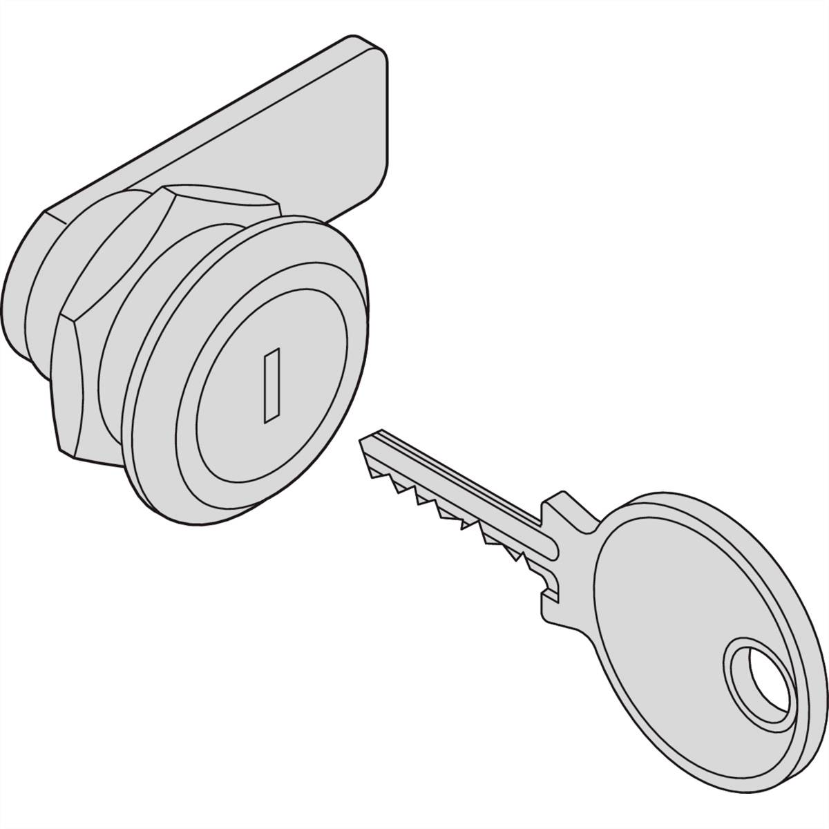 Illustration en noir et blanc d'une serrure cylindrique avec sa clé correspondante ; la clé est positionnée à droite de la serrure.