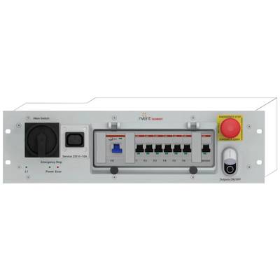 Système de commande de ventilation avec interrupteur principal, plusieurs interrupteurs à bascule et bouton d'arrêt d'urgence rouge, identifié comme 'nVent Schroff'.