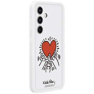 Un étui de téléphone blanc avec un cœur rouge et des personnages stylisés le soulevant, dans le style de Keith Haring.