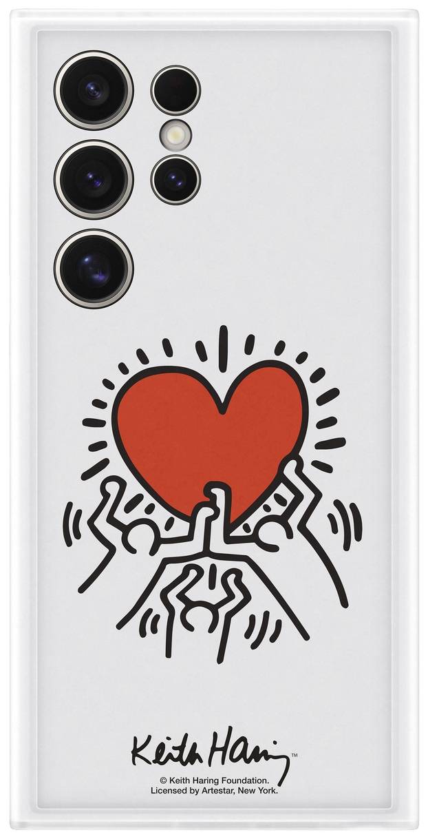 Coque de smartphone au design de Keith Haring : cœur rouge entouré de figures stylisées. Nom de l'artiste en bas.