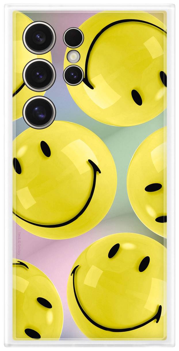 Des visages de smileys jaunes sourient sur un fond pastel, transmettant de la joie et une ambiance positive.