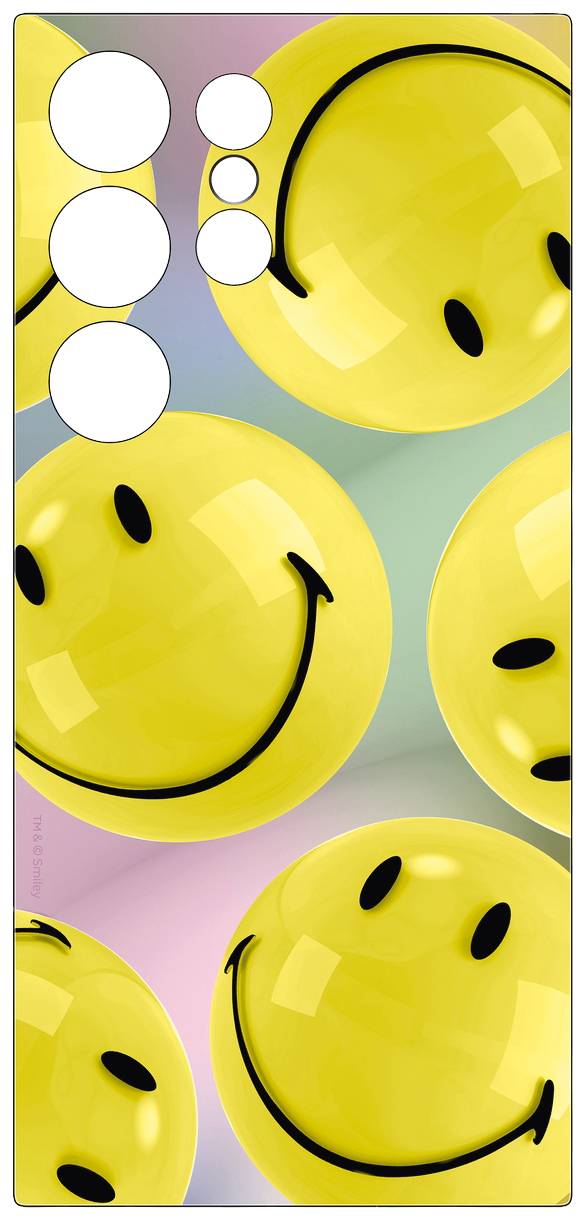 Des visages souriants jaunes répartis sur un fond coloré. Un design joyeux qui représente des émotions positives.