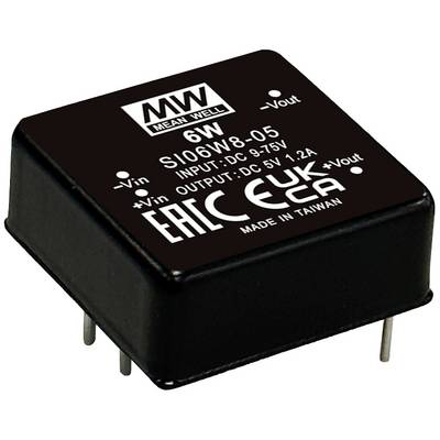 'Convertisseur Mean Well, 6W, Modèle SI06W8-05. Entrée : DC 9-75V, Sortie : DC 5V 1,24A, Fabriqué à Taïwan.'