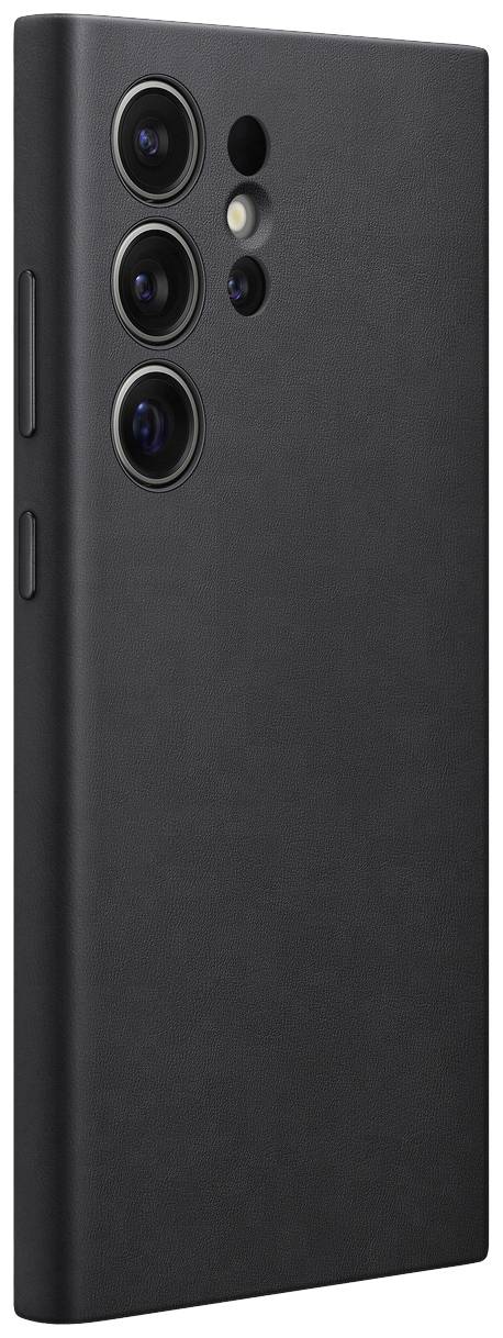 Smartphone noir avec quatre objectifs de caméra et un flash à l'arrière, vue de côté.