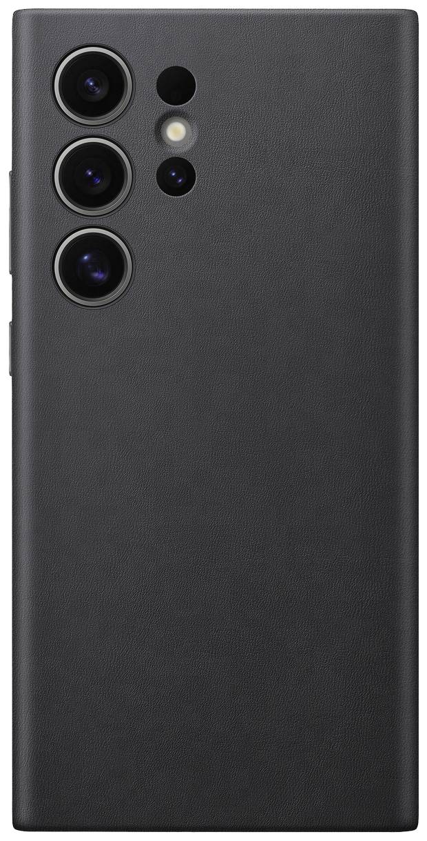 Un dos de smartphone noir avec quatre objectifs de caméra et un flash dans le coin supérieur gauche.