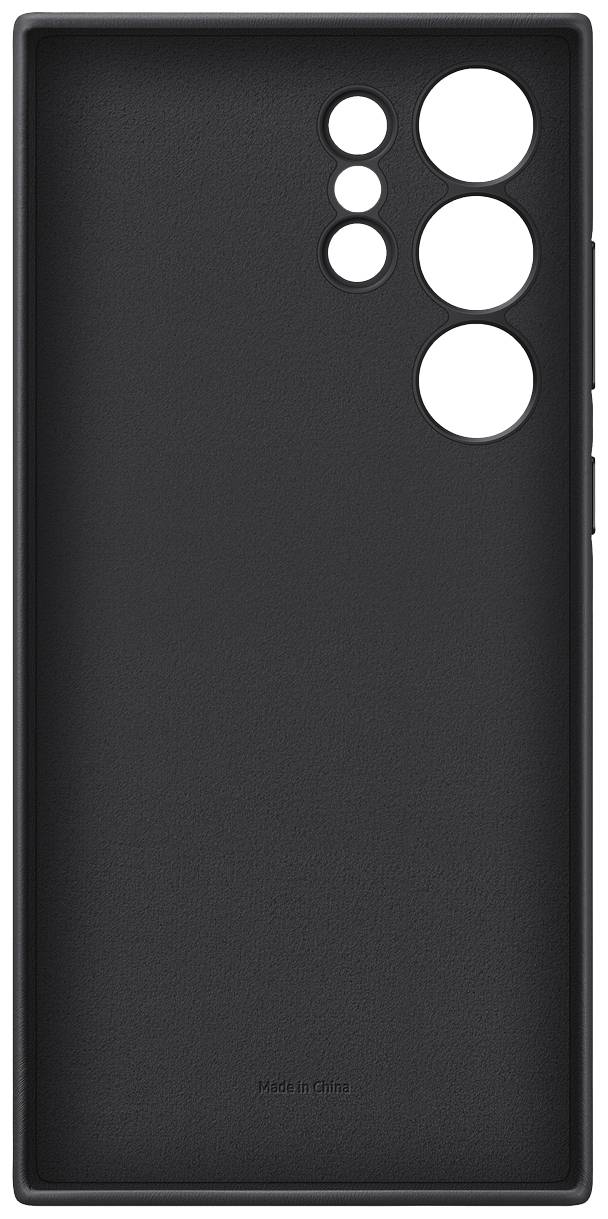 Une coque noire pour téléphone avec des découpes pour la caméra et le flash sur l'arrière.