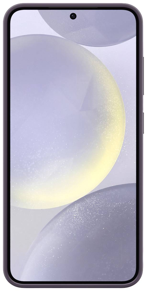 Smartphone avec un boîtier violet et un écran affichant un graphique abstrait de sphères transparentes flottantes baignées d'une lumière jaune.