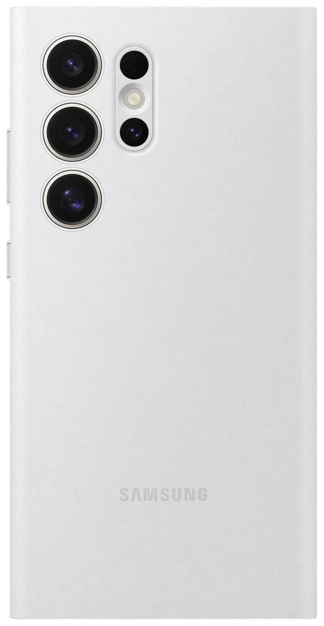 Un smartphone blanc avec quatre objectifs de caméra à l'arrière, reconnaissable comme un modèle d'une marque connue grâce à son logo.