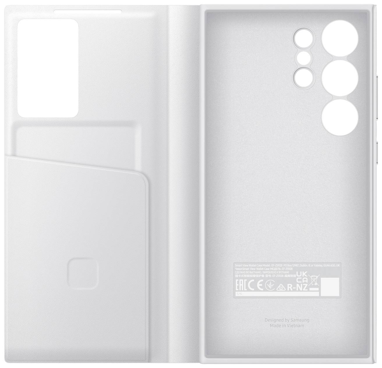 Étui blanc avec découpes pour la caméra et les composants d'un smartphone, avec un compartiment séparé sur la gauche. Conçu par Samsung.