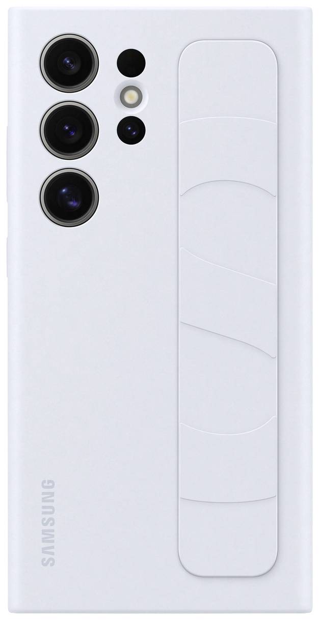 Dos d'un smartphone blanc avec trois objectifs de caméra et logo de marque en bas à gauche.
