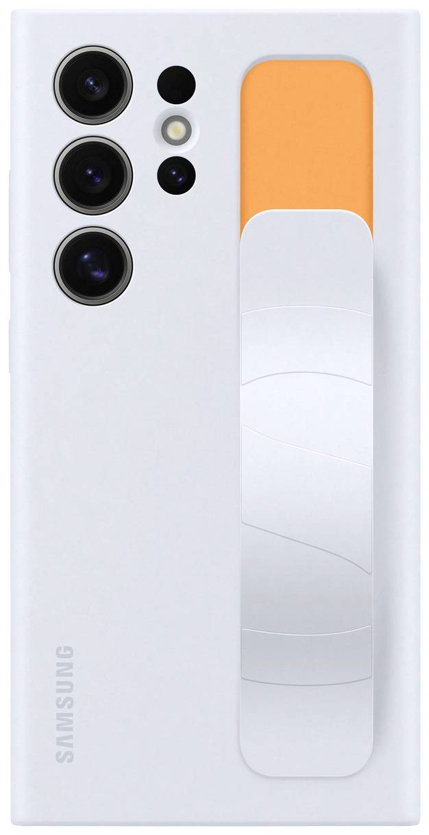 Dos de smartphone avec quatre objectifs de caméra et une bande orange distinctive intégrée dans le design.