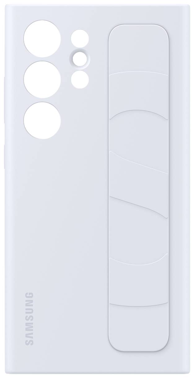 Dos bleu clair d'un téléphone Samsung avec des trous de caméra en haut à gauche et une bande verticale structurée à droite.
