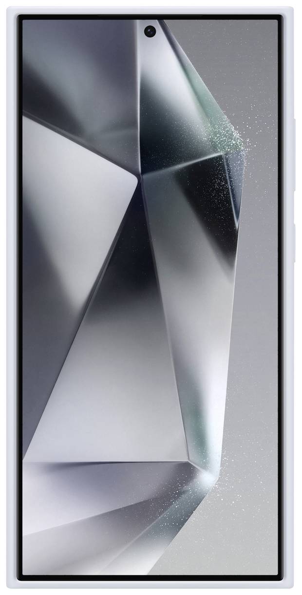 Un smartphone à l'écran grand et sans bordure affiche un fond d'écran abstrait avec un motif fragmenté, ressemblant à un cristal.