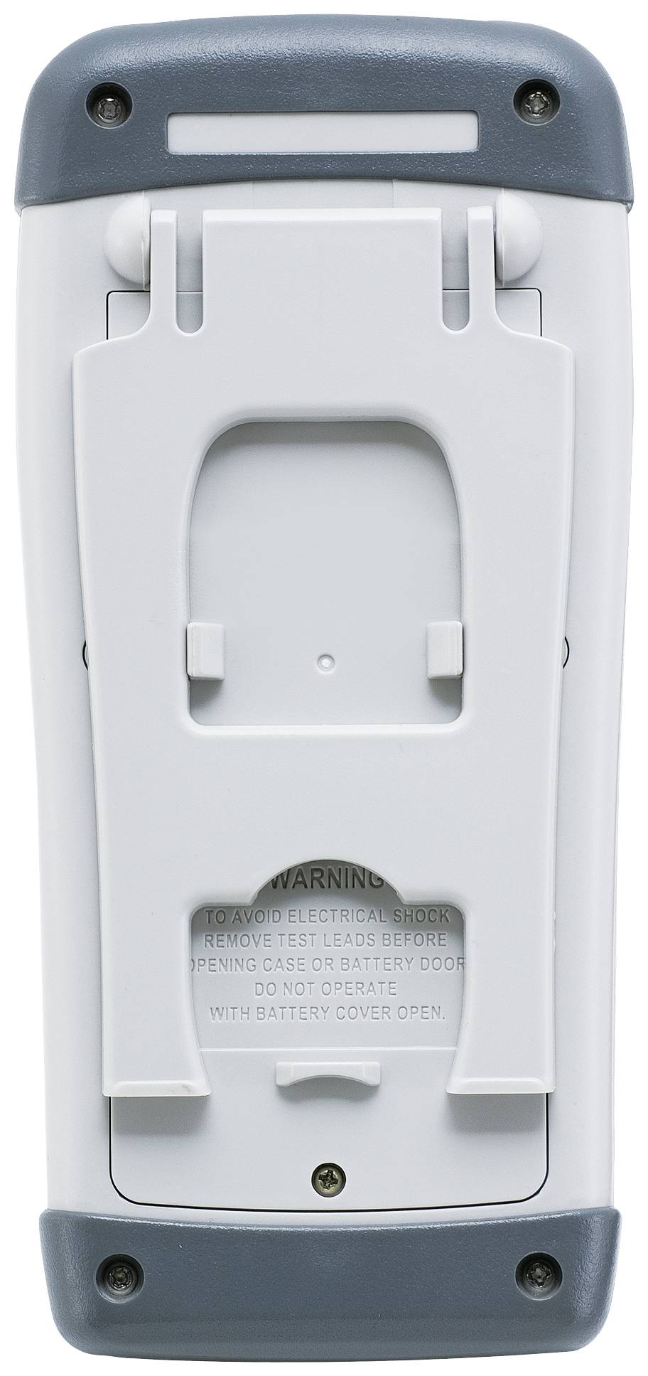 Un appareil de mesure numérique avec un compartiment de batterie fermé, un boîtier gris et un dos blanc.