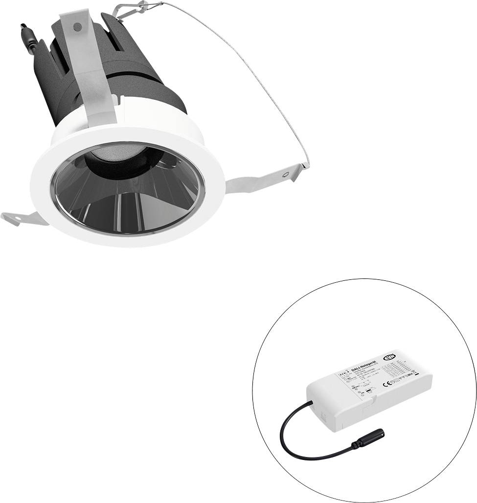 Luminaire encastré LED avec anneau de finition blanc rond et boîtier noir, montré avec un module d'alimentation séparé dans un cercle encadré.