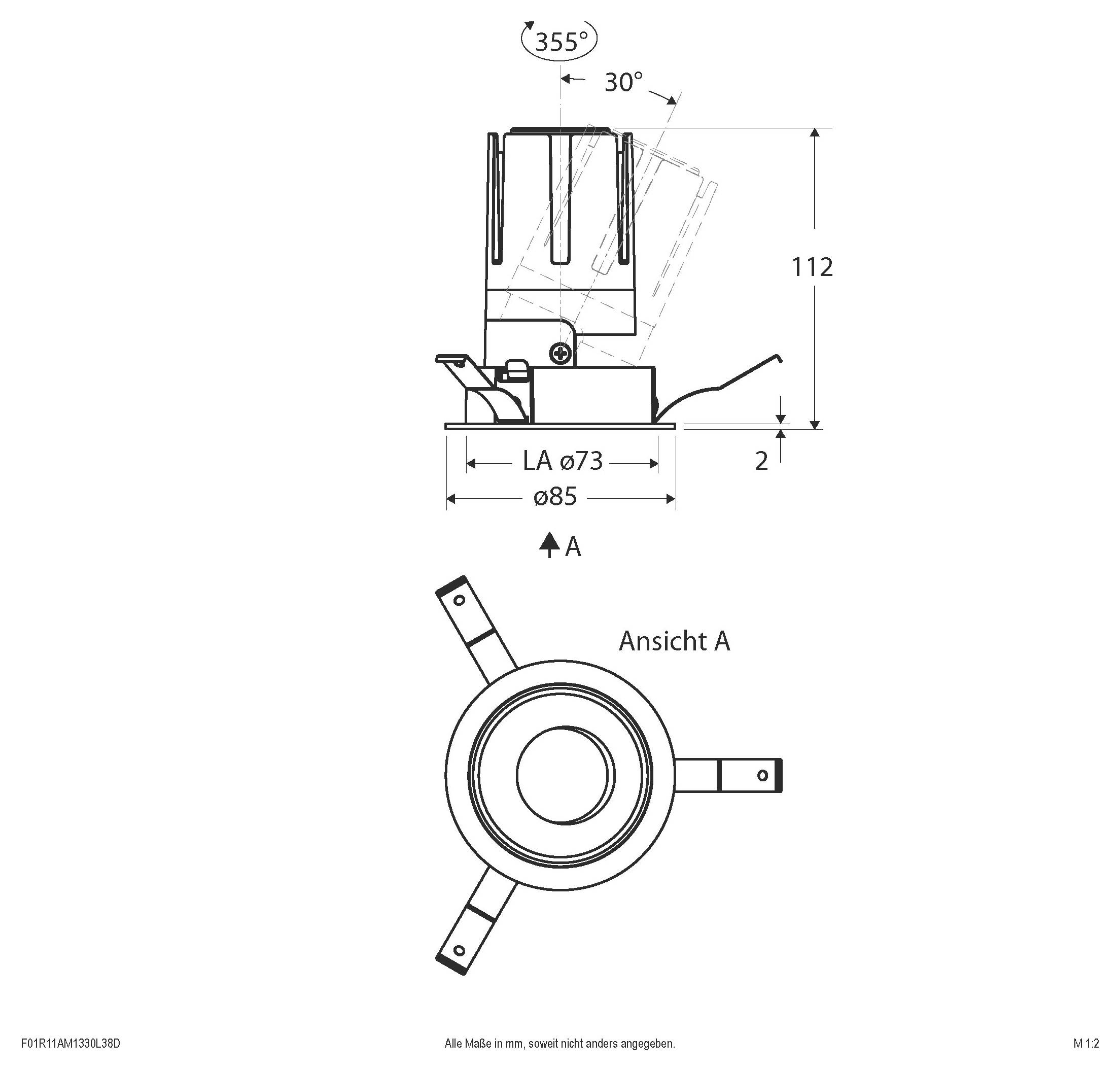 Dessin technique de dimension d'un composant mécanique cylindrique, montrant les vues de côté et de dessus avec les mesures comprenant 355°, 30°, 112, Ø73, et Ø85.