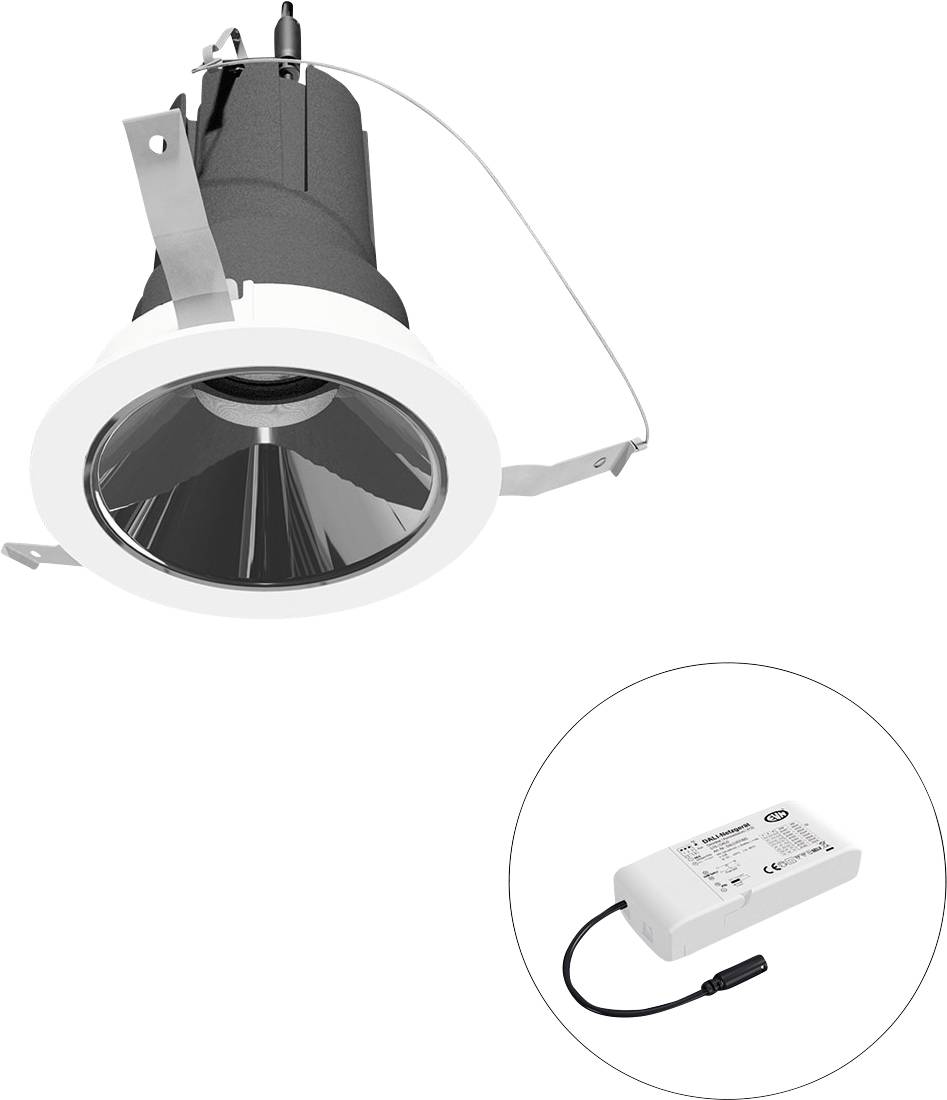 Projecteur de plafond encastré avec driver LED à distance présenté dans un cercle en encadré.