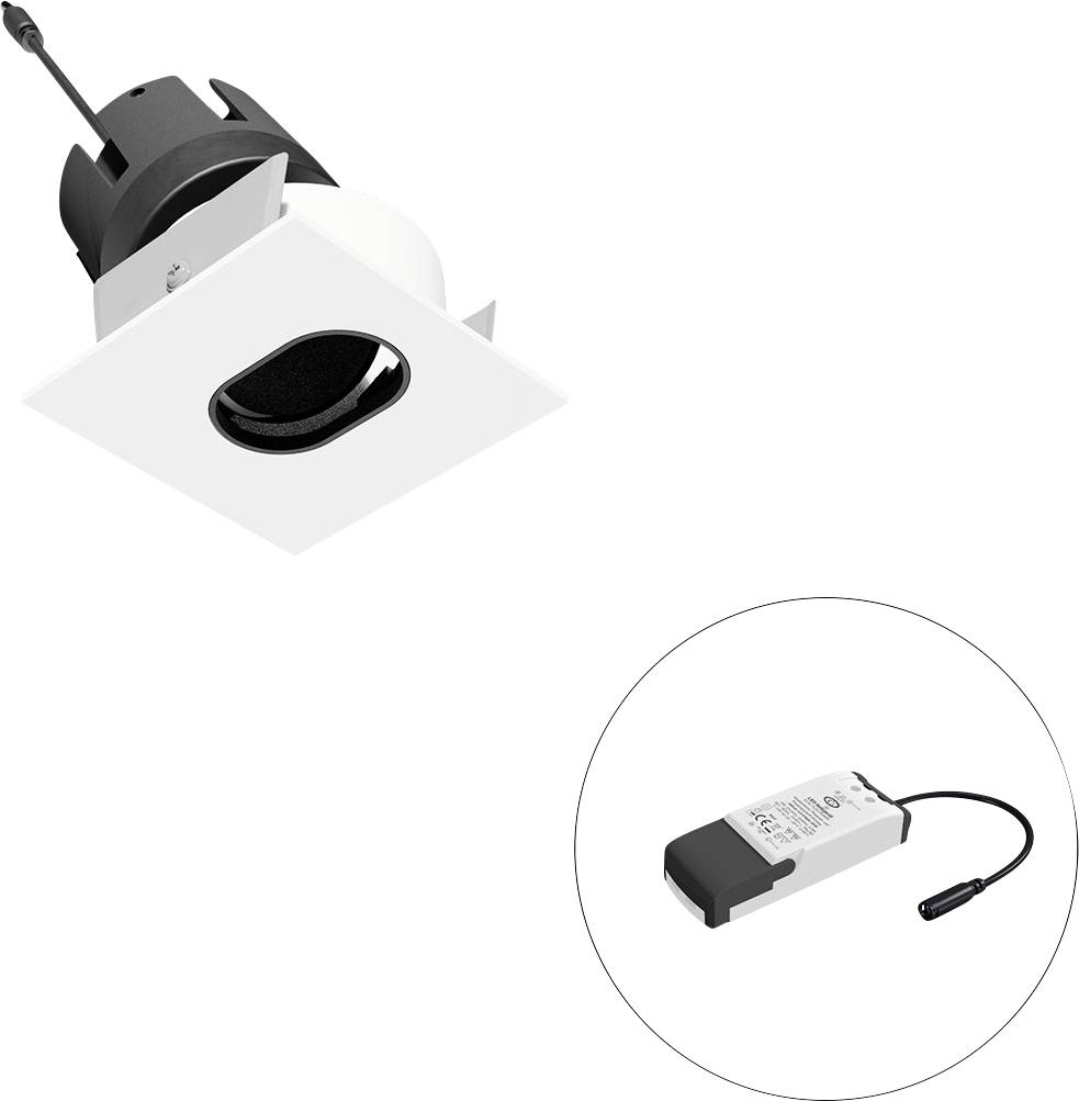 Luminaire de plafond carré encastré avec bordure noire, présenté avec un driver LED séparé en encart dans une légende circulaire.