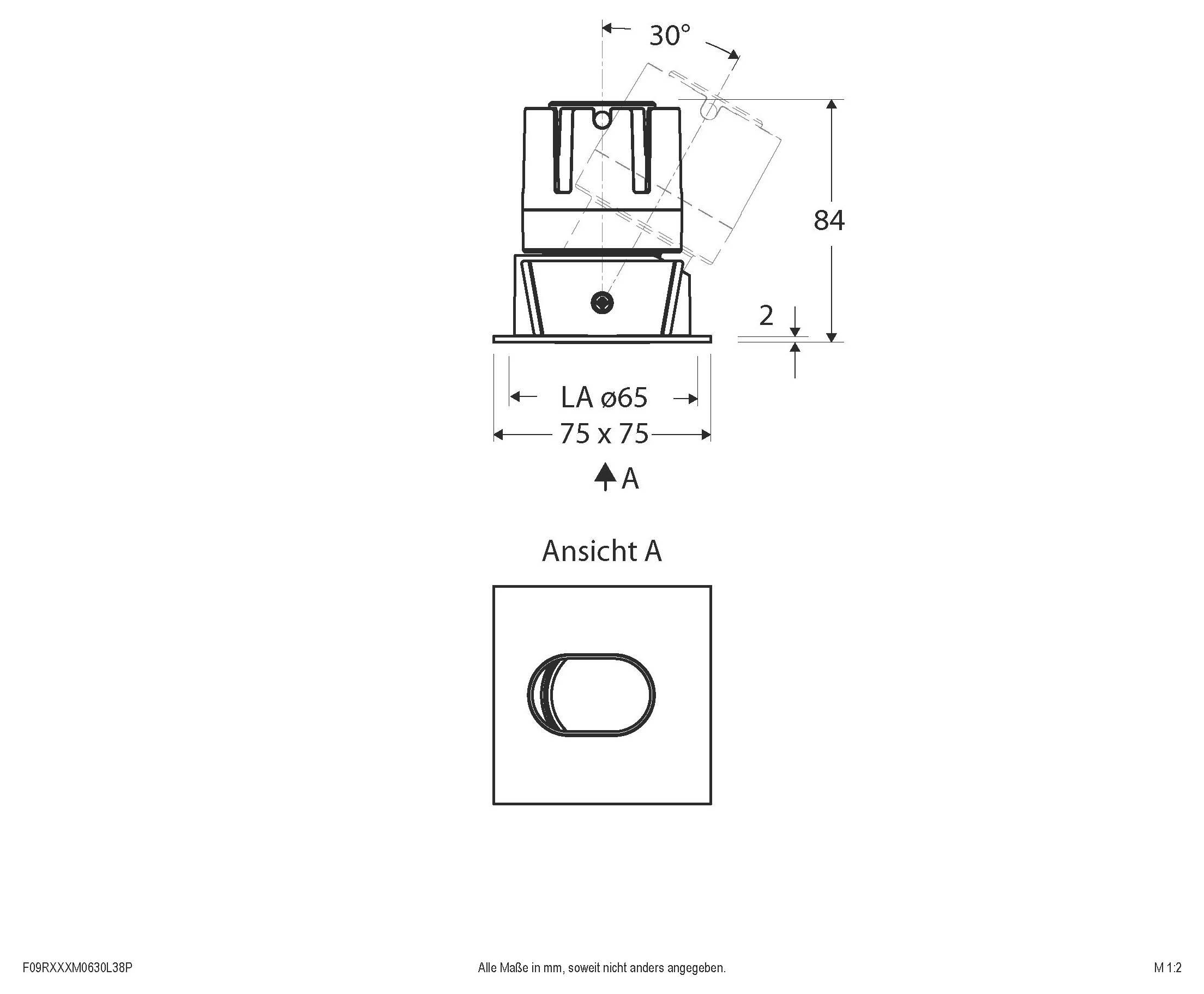 Dessin technique d'un petit support réglable : la vue de côté montre une inclinaison de 30°, une hauteur de 84 mm, une base de 75 x 75 et « LA ø65 » ; la vue A montre une ouverture ovale.